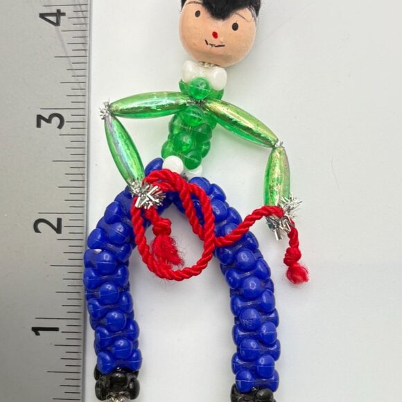 Vintage Beaded Cowboy Christmas Tree Ornament With Red Lasso Handmade Bendable - Picture 3 of 6